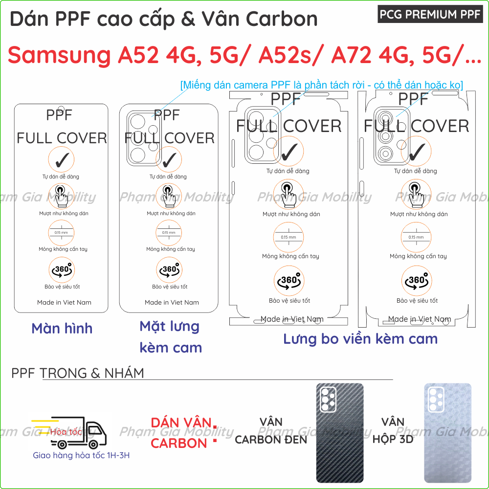Dán PPF Samsung A52 4G, 5G A52s/ A42 5G A32 4G 5G A72 loại nhám, trong dành cho màn hình, mặt lưng, 