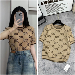 Áo thun nữ cộc tay chữ G nâu cổ viền chất len mongtoghi