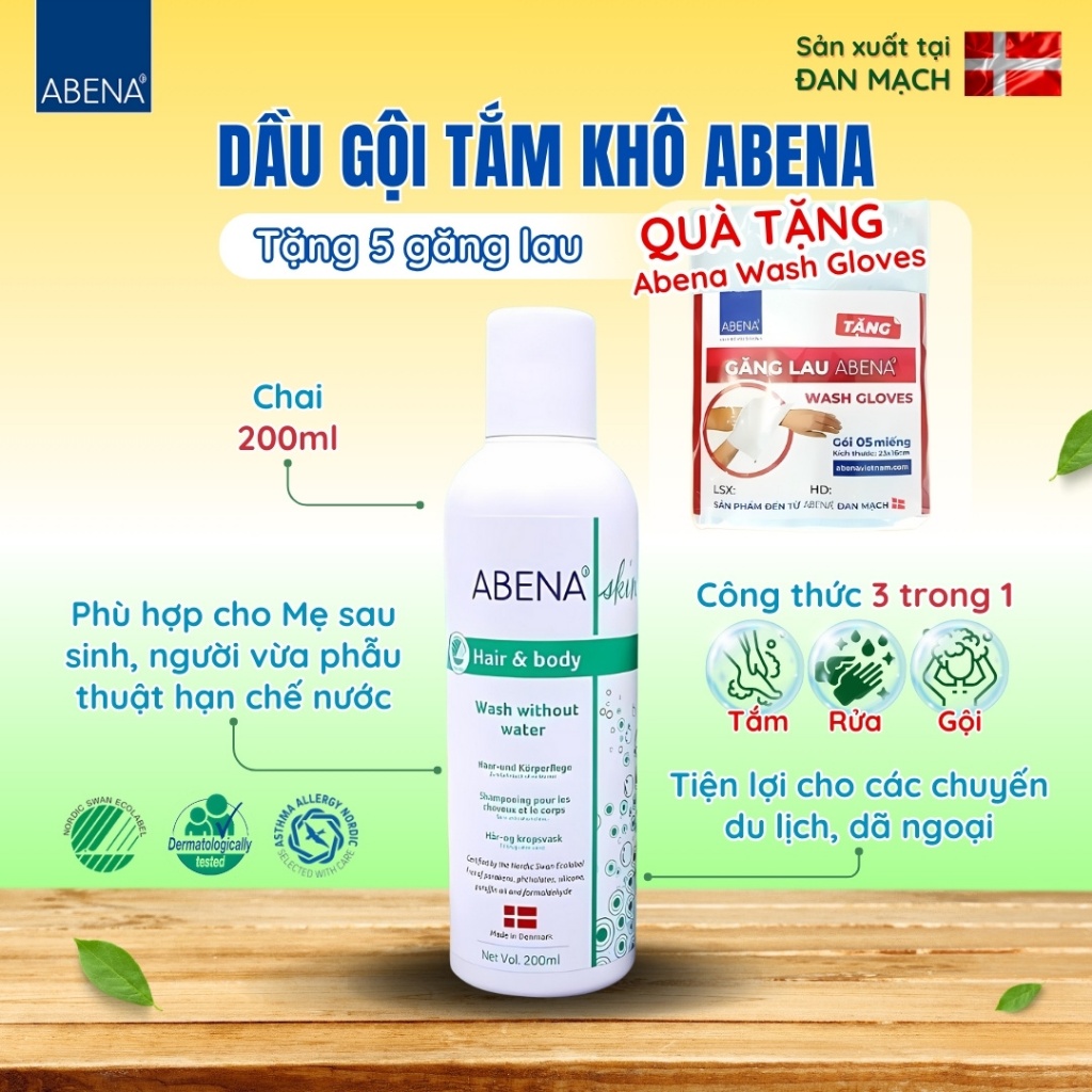 Dầu Gội Tắm Khô Abena + 5 Găng Lau – Dịu Nhẹ, An Toàn Cho Da – Nhập Khẩu Đan Mạch 200ml