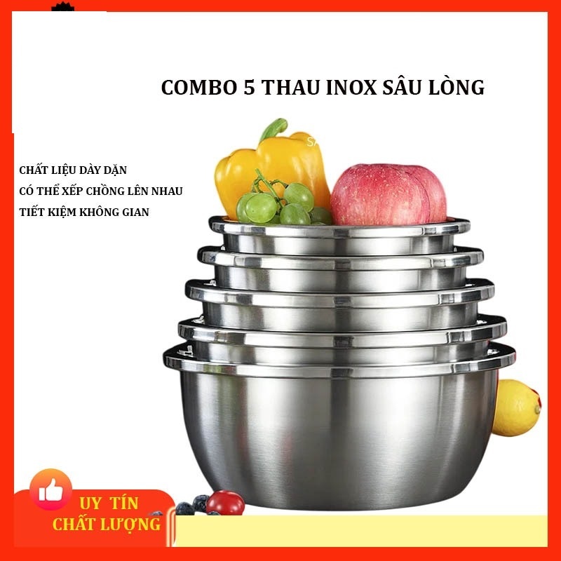 Combo 5 Thau Inox 304 Đủ Size Loại Dày Bóng Đẹp Rửa Rau Củ,Trộn Salad,Ướp Thịt Tiện Lợi(20cm 22cm 24cm 26cm 28cm )