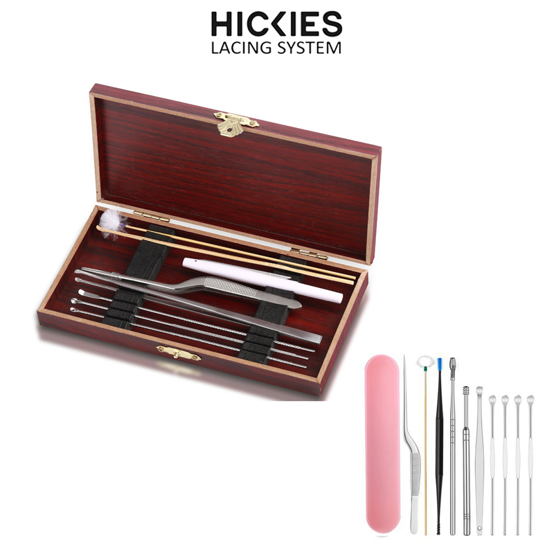 Bộ Dụng Cụ Vệ Sinh Tai Chất Liệu Thép Không Gỉ - Hộp Gỗ 9 Món Vệ Sinh HICKIES LACING SYSTEM