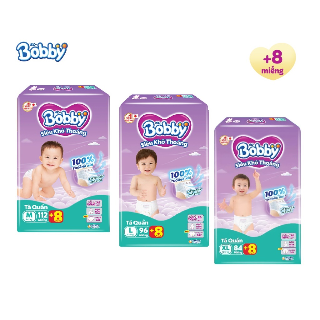Tã/bỉm quần Bobby Lõi nén thần kỳ 3mm Mega Jumbo Gạo Non M112/L96/XL84/XXL76 Miếng