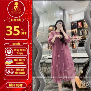  Váy bầu ANNA đính hoa nổi đầm bầu xếp ly tay lỡ dáng dài chất liệu voan tơ mặc xinh thoáng mát 