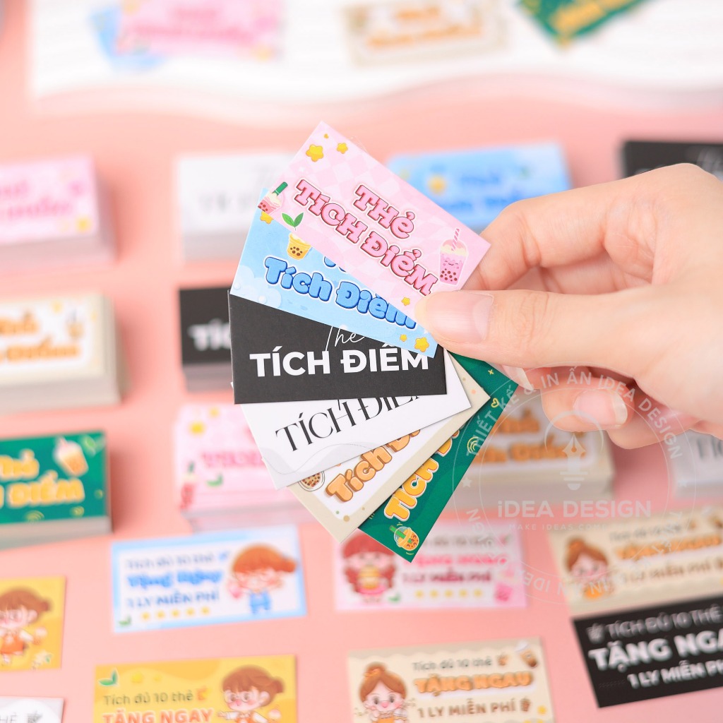 Thẻ tích điểm trà sữa, card tích điểm quán nước, Phiếu tích điểm tiệm trà sữa - Size 3 x 5.4 cm, giấy C300 cán màng mờ