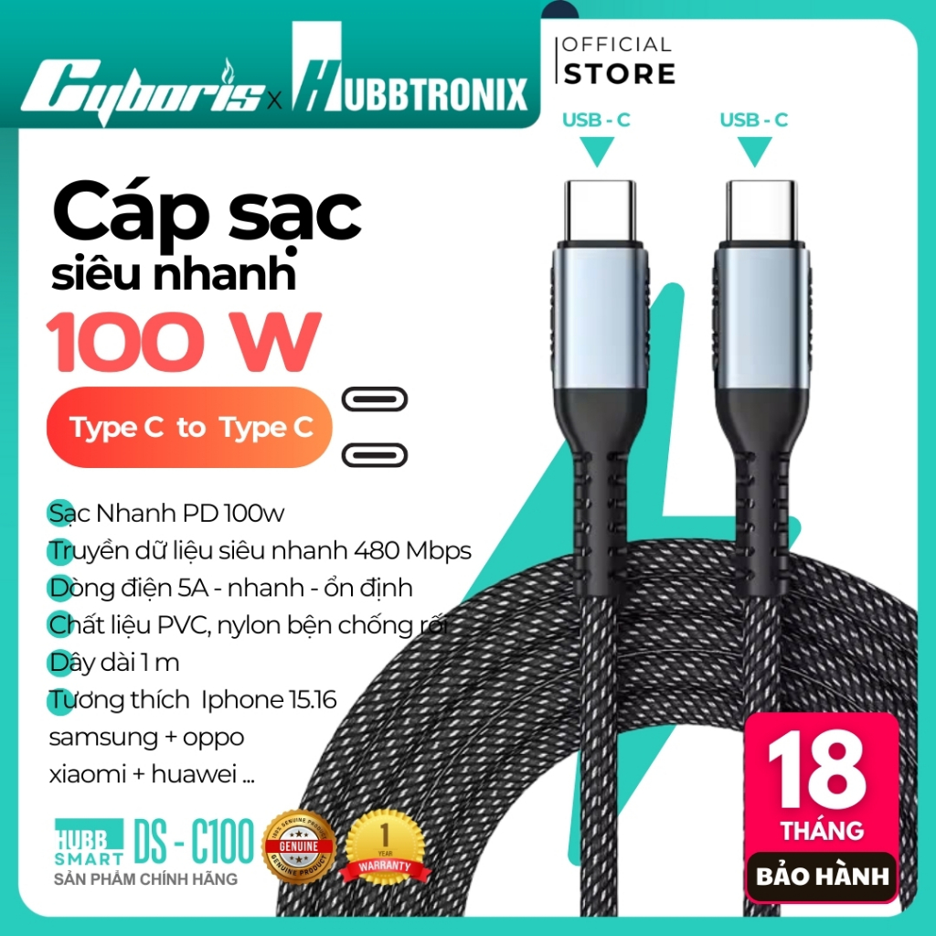 Cáp sạc nhanh HUBBTRONIX DS-Turbo 100W Type-C to Type-C - Hỗ trợ PD, sạc siêu tốc, chống rối