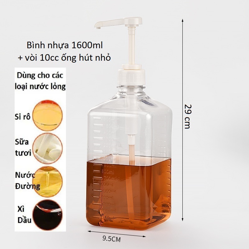 Bình bơm nhựa đựng siro đường 1600ml kèm vòi pump 1 lần 10ml