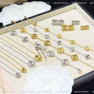  Set Vòng tay titan cỏ bốn lá không han gỉ vòng cổ khuyên tai cỏ 4 lá laze bóng 