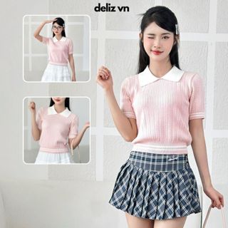 Áo len mỏng cộc tay vặn thừng có cổ bẻ dáng ngắn chất len lông thỏ mềm phong cách hàn quốc công sở DELIZ
