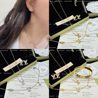  Bộ 3 món vòng cổ titan không han gỉ khuyên tai l.v đính đá cao cấp 