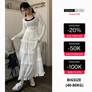 Chân váy nữ BIGSIZE Banamo Sài Gòn chân váy midi phối ren viền xếp tầng 2 lớp siêu dễ thương 5927