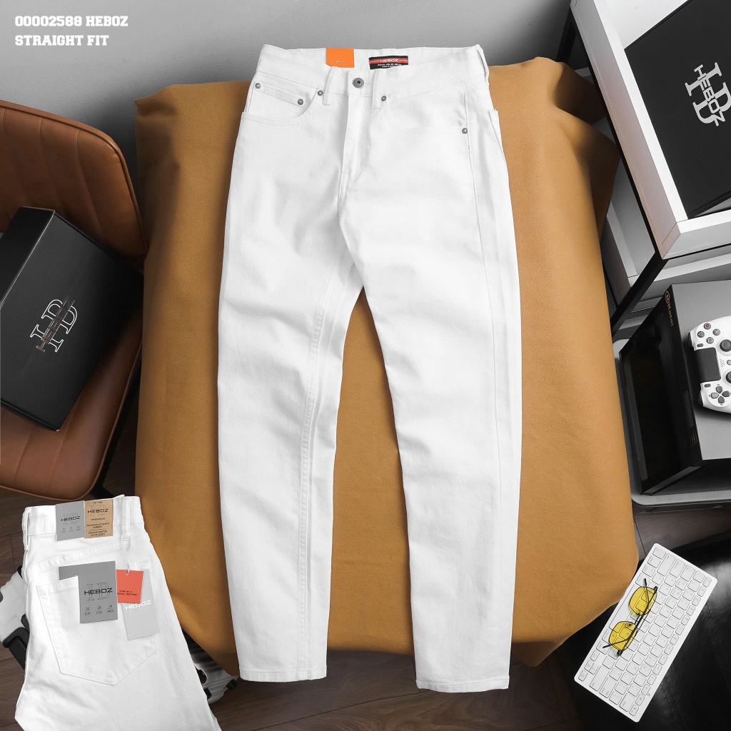 Quần jean trắng straight Heboz, quần dài nam trắng trơn vải denim cao cấp - 00002588