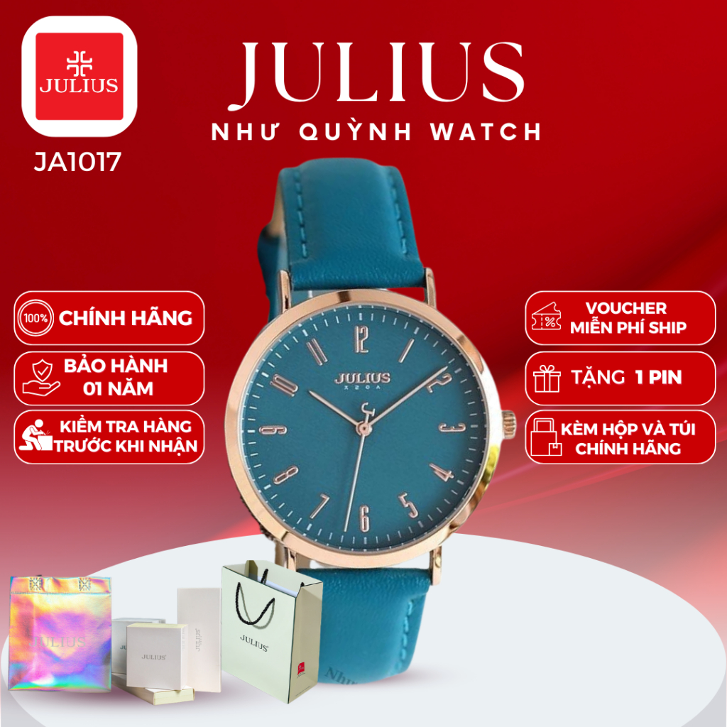 Đồng hồ Julius nữ Ja-1017 Mặt size 3,8cm dây da (Xanh viền đồng)