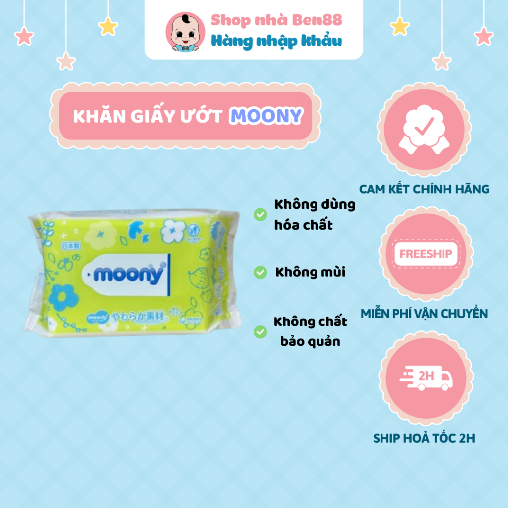 Khăn Giấy Ướt Moony Nhật Không Mùi, Không Kích Ứng, An Toàn Cho Da Bé