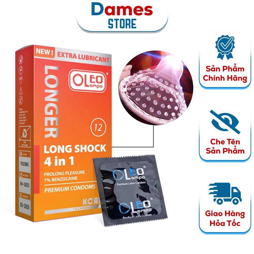 Bao Cao Su Oleo Lampo Longer Long Shock 4 In 1, Bcs Gân Gai, Giúp Nam Giới Yêu Lâu Hơn (Hộp 12C)