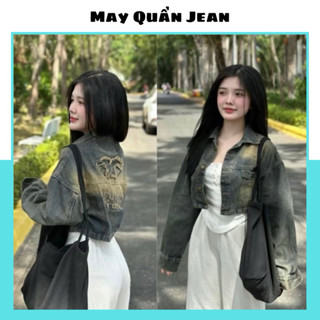 Áo khoác jean nữ dáng croptop thêu chữ paris, Áo khoác bò nữ rách loang màu tay bo chun khoá kéo hót -N2024