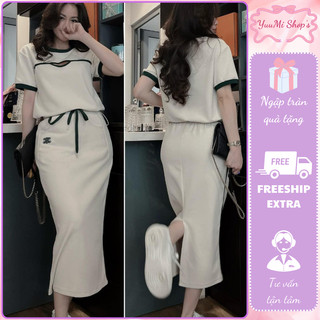  Set đồ đồ nữ áo thun khoét ngực tay ngắn phối chân váy dáng dài cạp chun dây rút,đồ bộ nữ trẻ trung cá tính HCOM25580 