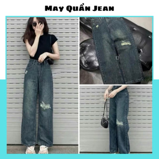 Quần Jean Lưng Cao Ống Suông Phối Rách Phong Cách - Premium Dài