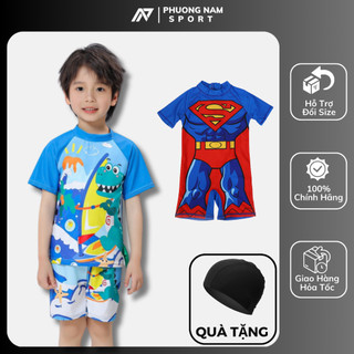 Bộ Đồ Bơi Rời Cho Bé Trai, Đồ Bơi Liền Thân Trẻ Em Họa Tiết Khủng Long Tặng Kèm Mũ Bơi