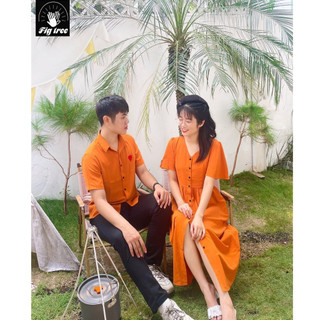 Set Áo Váy Đồ Đôi Fig Tree Màu Cam Đũi Cho Couple Đi Chơi, Du Lịch ,Chụp Hình Cưới ( Hàng thiết kế)
