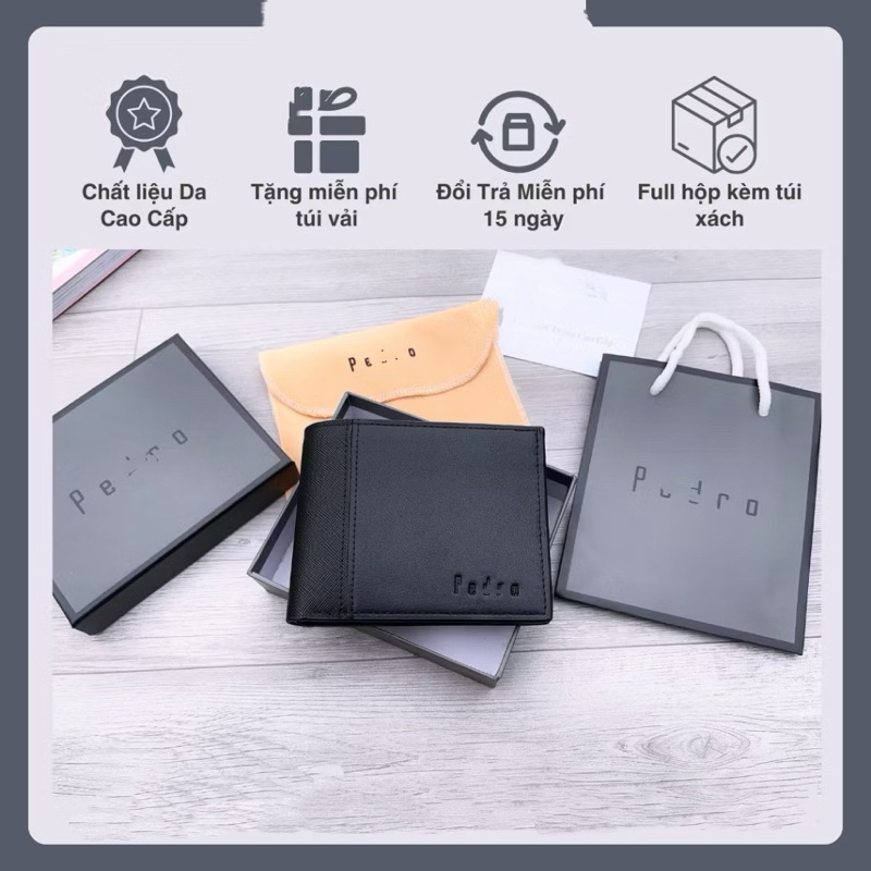 Ví/Bóp Da Nam Pedro Trơn Full Hộp Kèm Túi Xách Giấy Hãng