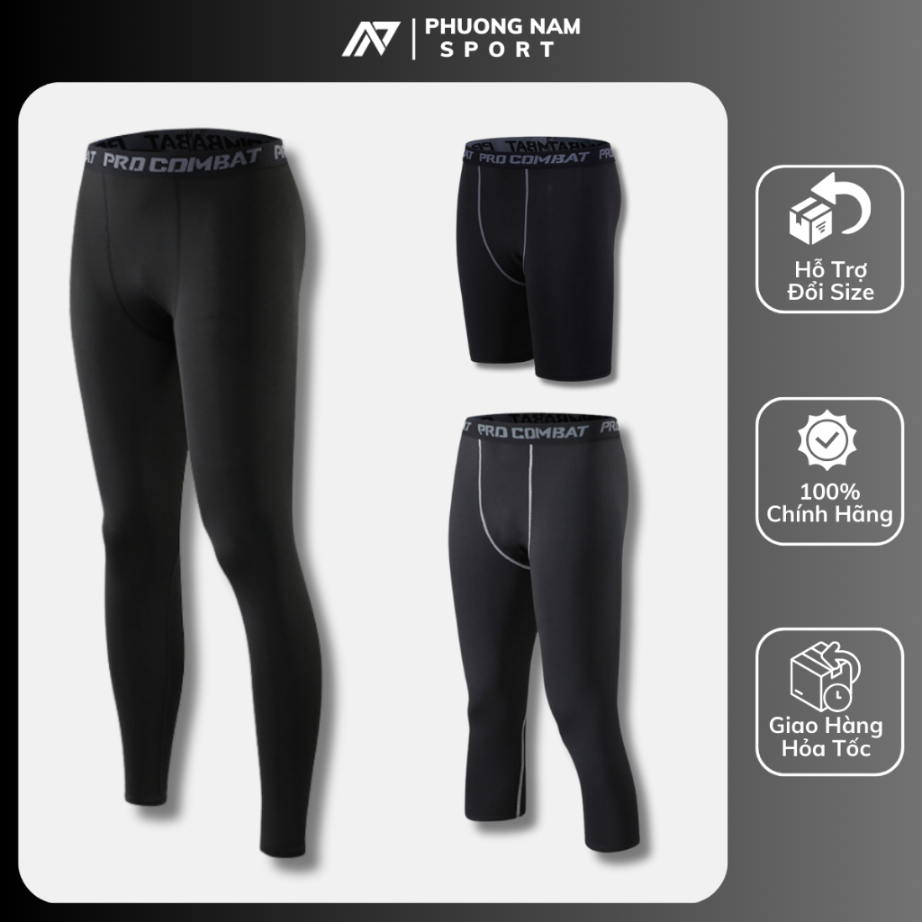 Quần giữ nhiệt nam combat pro legging cao cấp chơi thể thao tập gym đá bóng màu đen