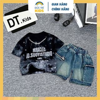 Set quần áo bé trai 2-8 tuổi (9-24kg), áo thun cotton 1985 đen trắng phối lửng jean năng động mùa hè 2025 | ĐỨC TRÍ KIDS