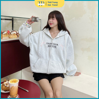 Áo khoác Hoodie zip nỉ form rộng tay phồng thêu chữ CALEM CLUB SWEETIE nón to có  form rộng unisex - TP SHOP
