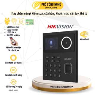 Máy chấm công khuôn mặt, vân tay Hikvision DS-K1T320MFWX, kết nối Wifi, có tiếng việt, mở khóa điện