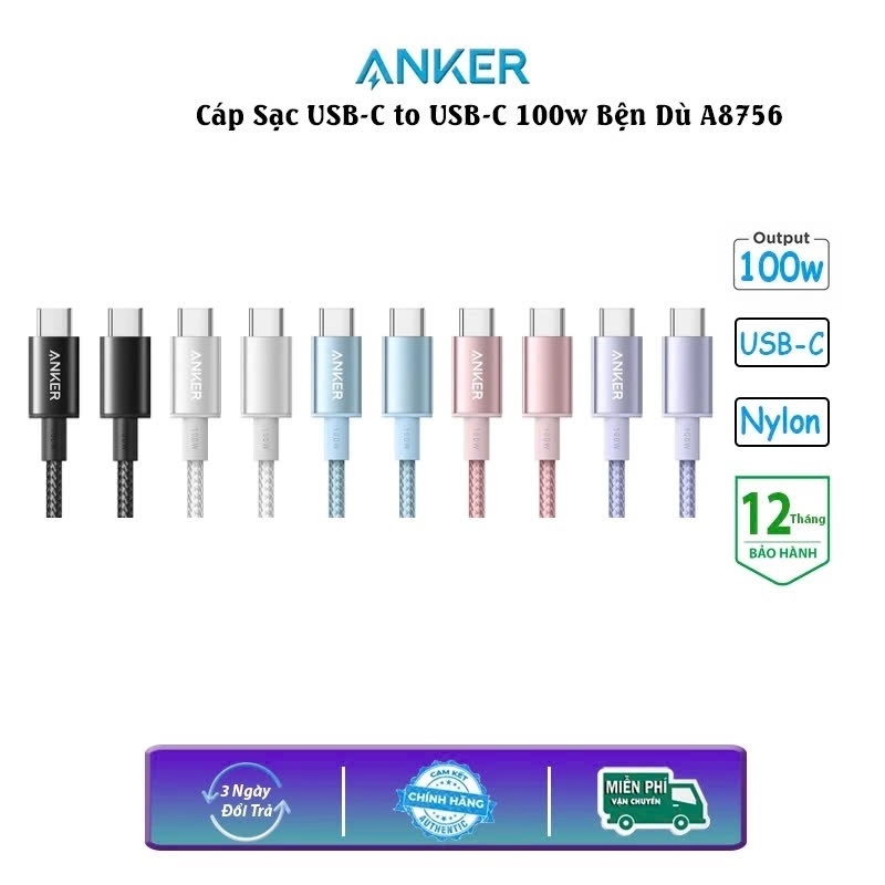 Cáp Sạc Nhanh 100W Anker A8756 Type-C To Type-C - Chiều Dài 1M, Dây Bện Dù Siêu Bền