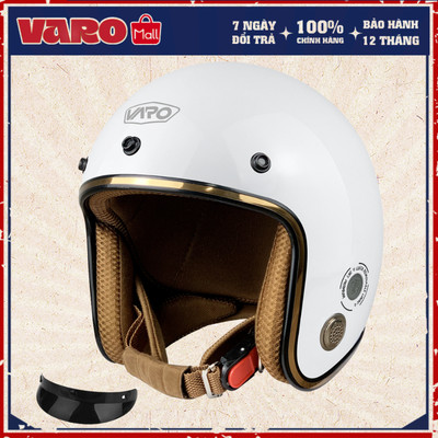 [TẶNG LƯỠI TRAI] Mũ bảo hiểm 3/4 Ruby VARO Trắng viền đồng, lót nâu cao cấp BH 12 Tháng tặng lưỡi trai