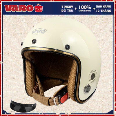 [TẶNG LƯỠI TRAI] Mũ bảo hiểm 3/4 Ruby VARO Màu Kem viền đồng, lót nâu cao cấp BH 12 tháng tặng lưỡi trai