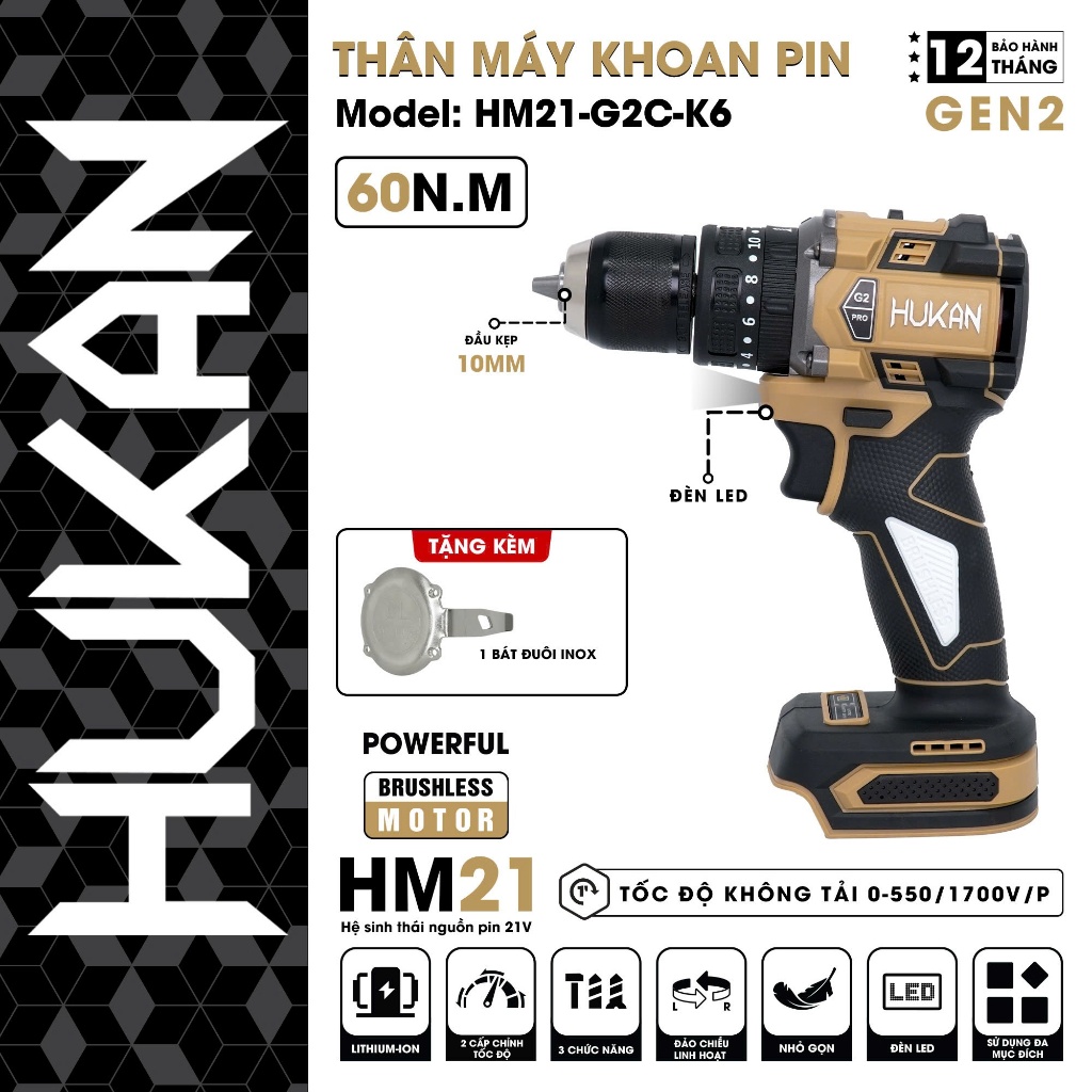 THÂN MÁY KHOAN PIN 3 CHỨC NĂNG HUKAN HM21-G2C-K6 10MM