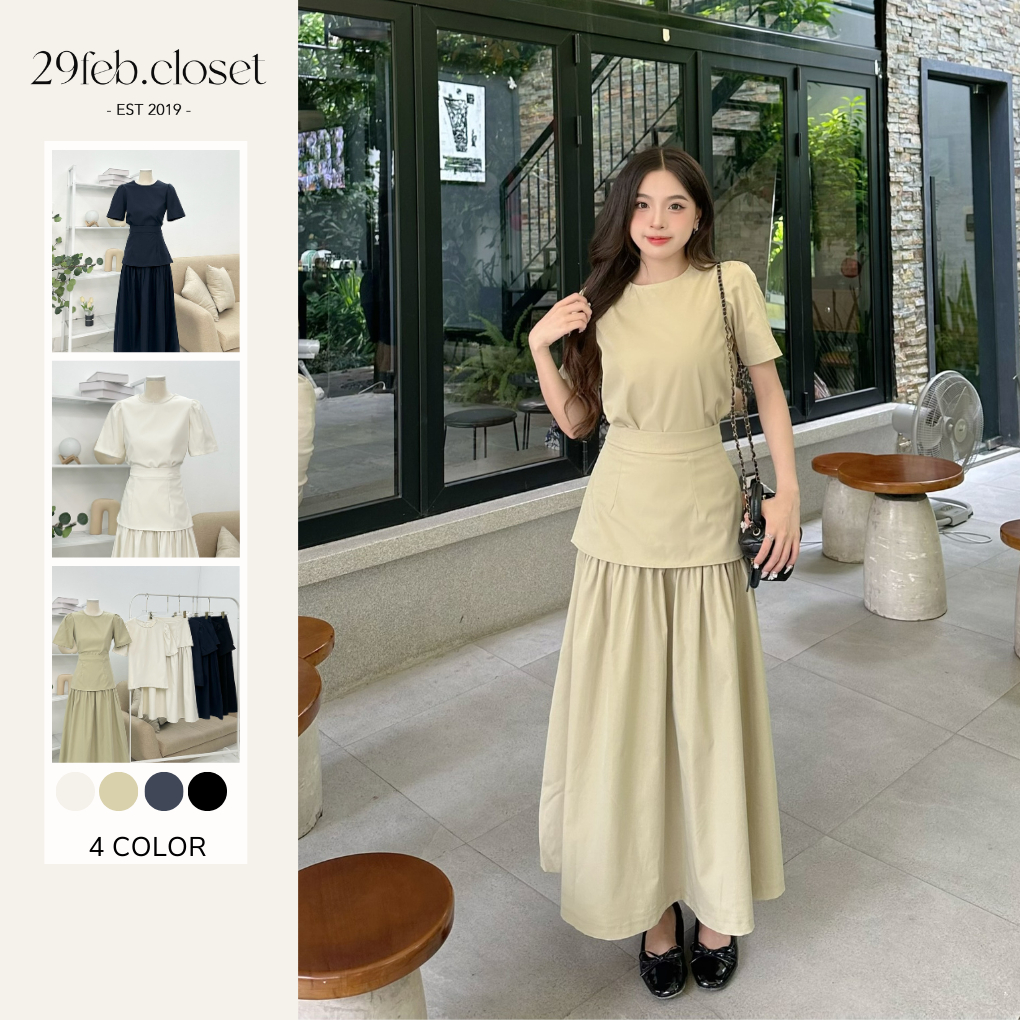 Set Váy Áo Dáng Dài Nữ Cổ Tròn Kèm Chân Váy Xòe Dài Cách Điệu Nhẹ Nhàng Nữ Tính, Set Váy Tiểu Thư - 29feb.closet - S240 | BigBuy360 - bigbuy360.vn