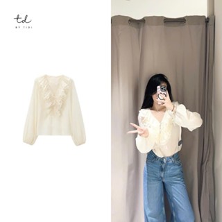  áo sơ mi nữ Zara kiểu Hàn Quốc tiểu thư tay dài tay phồng cổ bèo vải voan tơ mề mỏng bánh bèo BTD325 