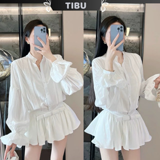 Set Áo Sơ Mi Tay Bèo Xếp Viền Phối Chân Váy Xoè Đính Nơ TIBU Set Đồ Nữ Đơn Giản Đê Thương Đi Chơi Đi Học B396