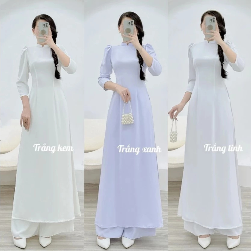 áo dài Dáng Truyền Thống vai bồng Học Sinh vải  dễ mặc đi mọi sự kiện