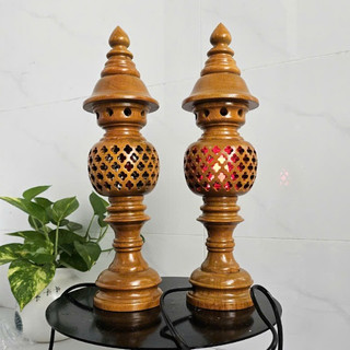 Cặp đèn thờ gỗ xà cừ cao 36cm trang trí decor phòng thờ cúng