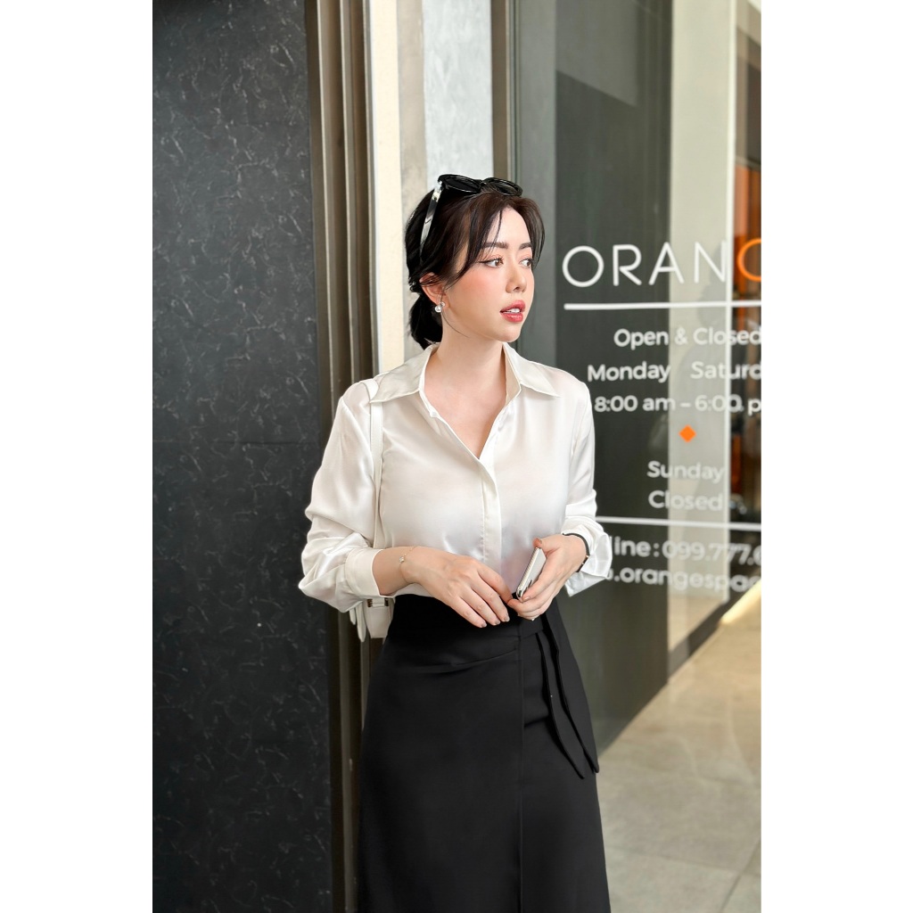 Áo sơ mi lụa nữ cổ đức dài tay form rộng dáng basic 5 màu thanh lịch thời trang công sở Calie House 
