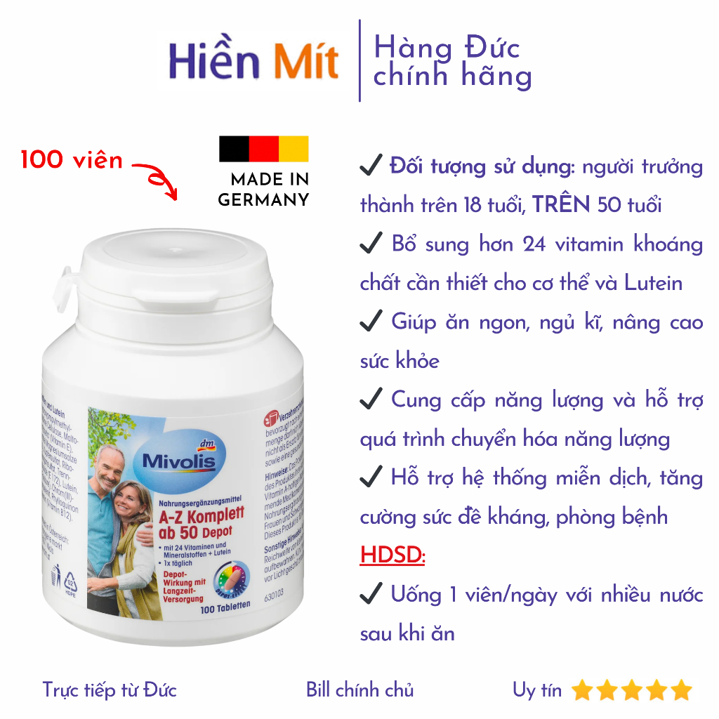 Viên uống bổ sung vitamin khoáng chất tổng hợp cho người lớn Mivolis AZ Depot Đức 100 Viên giúp cơ t