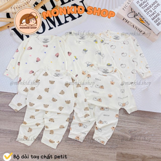 [Bộ dài] Combo 3/5 Bộ Quần Áo Dài Tay Chất Thun Lạnh Petit, Nền Kem Cho Bé Trai, Bé Gái Size 4-14kg