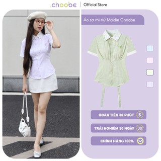 Áo sơ mi nữ Maidie Choobe cộc tay kẻ sọc chiết eo đuôi tôm phối dây nơ sau ASM12