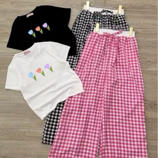 Set áo babytee mix quần xuông caro cạp trắng - ba bông hoa
