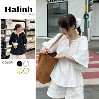  Áo Babydoll Tay Ngắn Kiểu Nữ Tay Bồng Cổ Tròn Màu Basic  By Halinh M277 