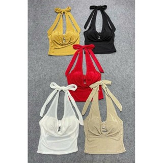 [ kèm mút ] Áo Yếm V Chéo Nhún Cúp Đính Hiệu + Chữ Thập Áo Ba Lỗ Có Đệm Ngực Cổ Yếm Nhún Chun Đính Tag Chữ alohashop91