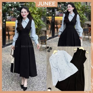  Set Bộ Đồ Nữ 2 Món Váy Yếm 2 Dây Đuôi Xòe Phối Áo Sơ Mi Dài Tay Kẻ Sọc Họa Tiết In Nơ Dáng Freesize 