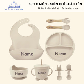 Sẵn| Bộ 8 đồ dùng ăn dặm yếm khay thìa... - MIỄN PHÍ KHẮC TÊN bé - quà tặng đầy tháng - Silicon An Toàn, chịu nhiệt tốt