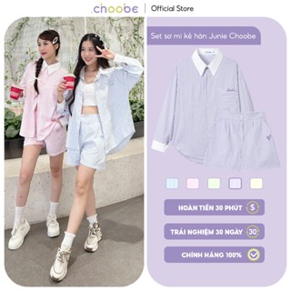 Set bộ quần áo sơ mi Junie Choobe dáng rộng hoạ tiết kẻ sọc phong cách Hàn Quốc pastel ASM08 + QSM08