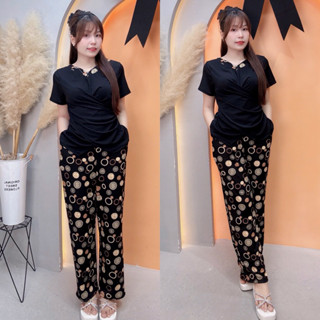 Bigsize Nữ (60-95kg) Sét Bộ phối màu quần suông áo xoắn eo mặc siêu hách dáng, thiết kế cổ tim tay nhí trẻ trung