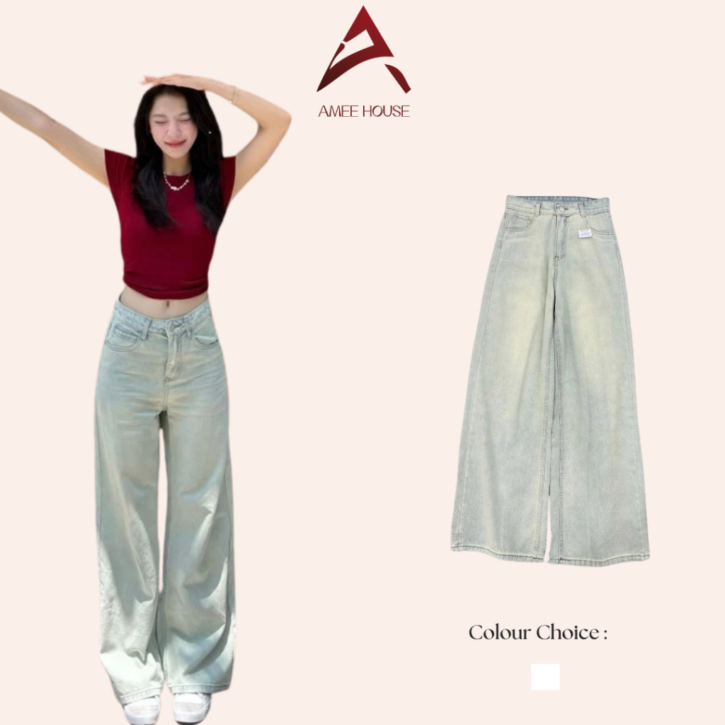 Quần jeans xanh bạc ánh rêu QC ống rộng ameehouse
