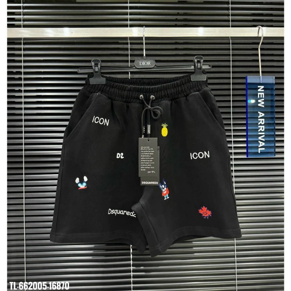 Quần Short Umi Nam Nữ DSQ2 Đen In Hình Sticker Chó Dứa Lá Chữ Icon Cạp Chun Cực Nét